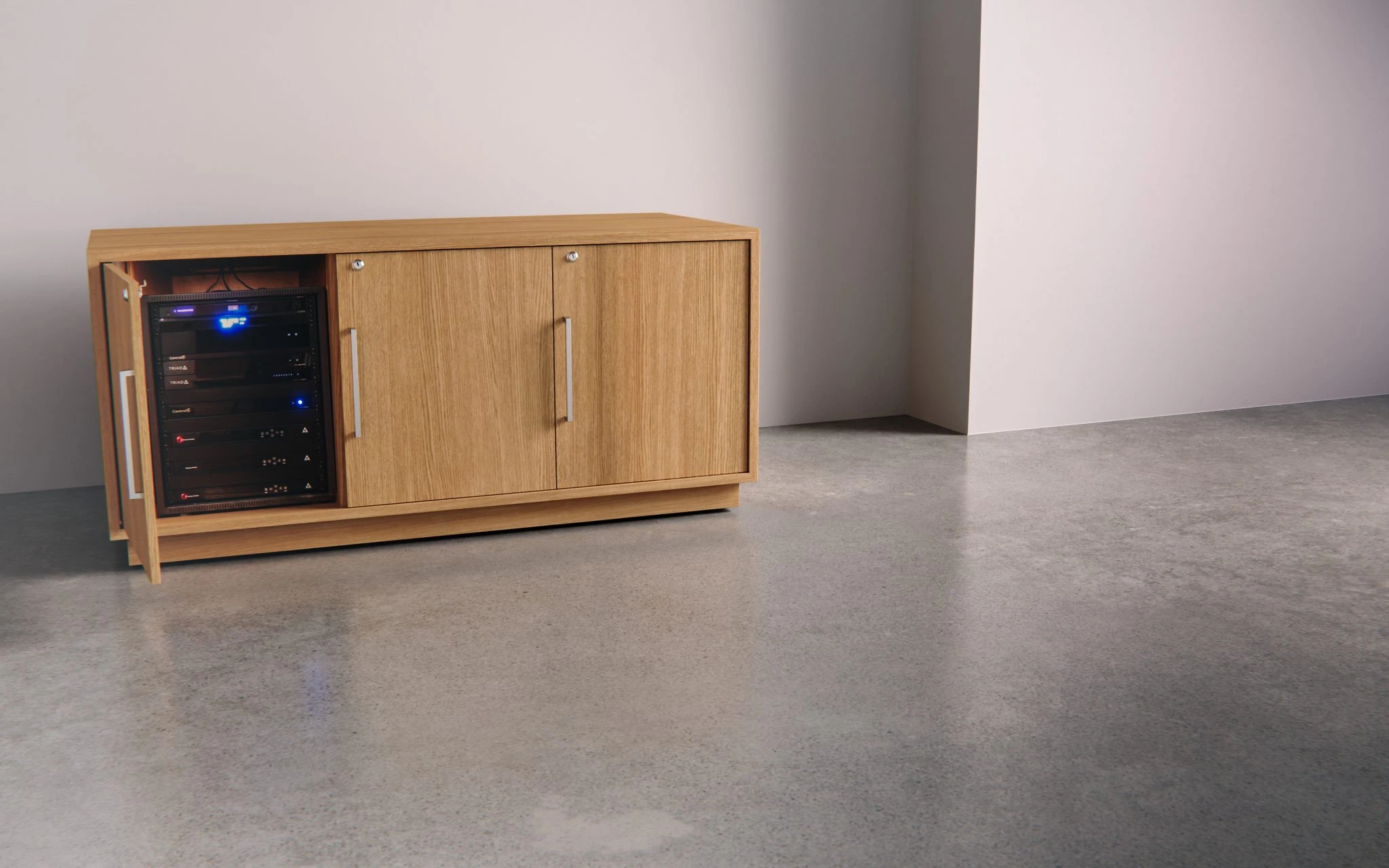 Oak AV credenza with a door open showing rack-mounted equipment