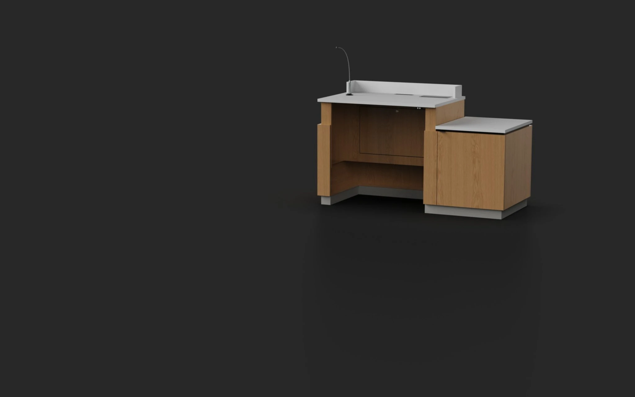 Oak teaching station with a side return cabinet and white work surface